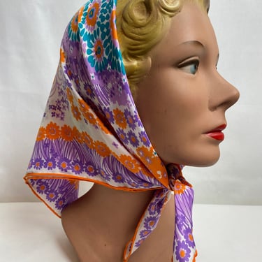 Vintage 60’s floral silk scarf~ large square~ colorful pattern~ sheer crepe necktie hair wrap~ Pinup women’s hand rolled scarves 