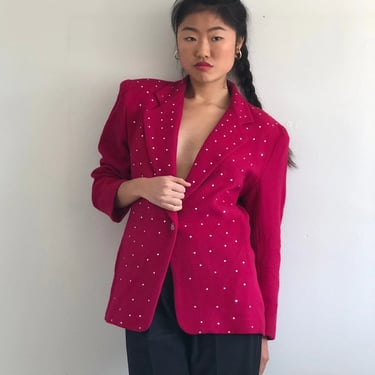 80s embellished blazer / vintage rhinestone studded sparkly magenta hot pink wool oversized plunging blazer | XS S 