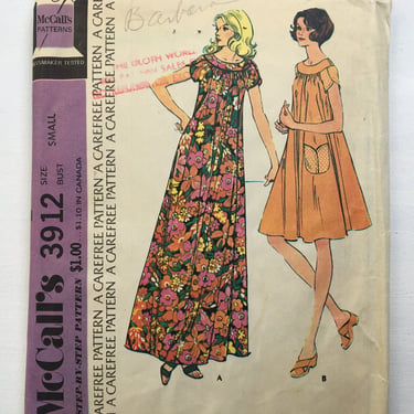 70's Vintage McCall's 3912, Muu-Muu Sewing Pattern, Size Small, 32.5-34 Bust, Retro Lounging 