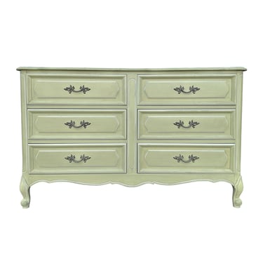 French Provincial Dresser by Henry Link - 1970s Vintage Green Farmhouse Shabby Chic Credenza with 6 Drawers 