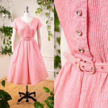 Vintage 1950s Shirt Dress | 50s Pink Striped Pinstripe Rhinestone Button Up Fit and Flare Midi Shirtwaist Day Dress (small/medium) 