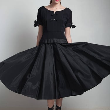 vintage 40s 1940s black party dress bow rhinestone peplum crepe taffeta midi tea length short sleeves S SMALL 