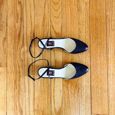 70s/80s Designer Anne Klein Navy Blue Leather Crossover Ankle Strap Wedge Shoes | Size 7 1/2 