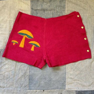 Vintage 1970s Handmade Leather Suede Mushroom Applique Hot Pant Shorts Petite XS by TimeBa