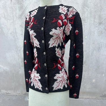 Vintage 1930s Acorn & Maple Leaf Wool Knit Sweater Cardigan Black & Red Blouse