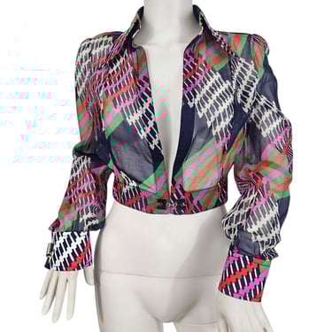 Gideon Oberson 1970s Blue Green Pink Geometric Plaid Print Cotton Cropped Jacket I Sz Med I Sheer 