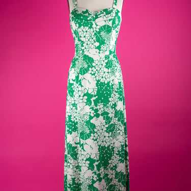 Vintage 1960s Mauna Kea Beach Hotel Green and White Floral Full-Length Textured Cotton Dress (M/L) 