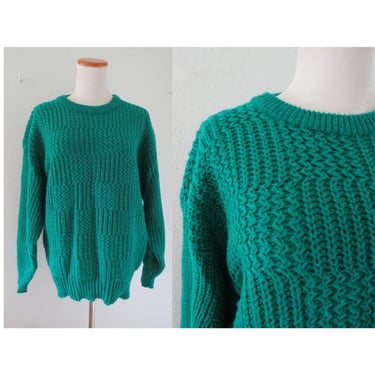 Vintage Thick Oversized Sweater - Chunky Knit Pullover - Emerald Green Crew Neck - Warm Cozy Outerwear - Size Medium 