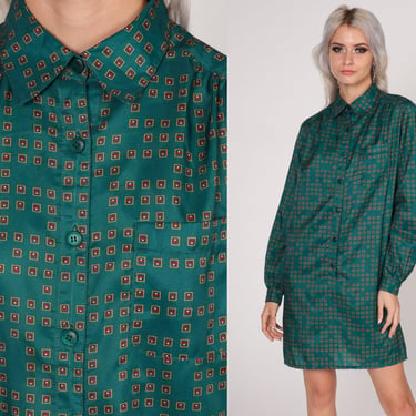Checkered Mini Dress 80s Green Button Up Shirtdress Retro Secretary Geometric Square Print Long Sleeve Collared Shift Vintage 1980s Medium M 
