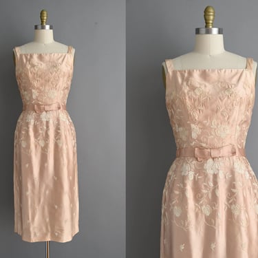 vintage 1950s Dress | Jonny Herbert Pink Champagne Floral Satin Cocktail Party Wiggle Dress | Small 