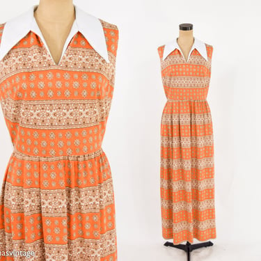 1970s Orange Paisley Maxi Dress | 70s Orange Print Sleeveless Maxi | Hippie | Large 
