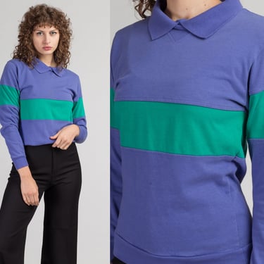 80s Striped Color Block Collared Shirt - Petite Small | Vintage Teal & Purple Long Sleeve Lightweight Pullover 