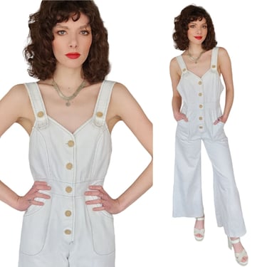 Vintage 70s Jumpsuit in White Cotton Big Pockets 