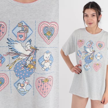 Maternity Shirt 90s Pregnancy T-Shirt Stork Flower Heart Teddy Bear Graphic Tee Mom To Be Single Stitch Heather Grey Vintage 1990s Small S 