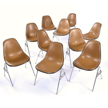Set of 10 Eames for Herman Miller Stacking DSS Shell Chairs with Brown Naugahyde Pads 