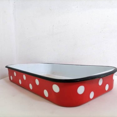 Vintage Rectangular Enamel Baking Tray/ Vintage Yugoslavian Baking Tray/ Enamel Tray/ Red Tray With White Polka Dots/ 80s/ Kitchen Decor 