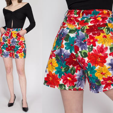 Medium 90s Colorful Floral High Waisted Shorts 29" | Vintage Flat Front Cotton Shorts 