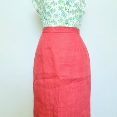 Vintage 1990's Harve Benard Hot Pink Linen Pencil Skirt 29