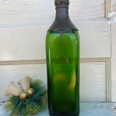 Antique Walker's Kilmarnook Whiskey Bottle With Pewter Mount, 1851 Green Glass Bottle With Pewter Top, Square Green Bottle 