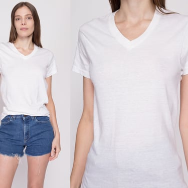 Small 80s Calvin Klein Blank White T Shirt Unisex | Vintage Single Stitch Plain V Neck Tee Threadbare Undershirt 