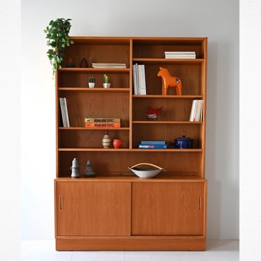 1960s Scandinavian Teak Modular Bookcase with Sliding Doors and Open Shelving 