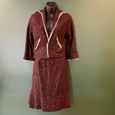 1950s wool suit vintage brown skirt and jacket set small 