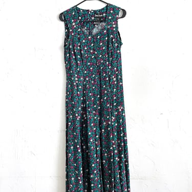 Vintage 90s Magenta and Teal Floral Print Button Maxi Dress 