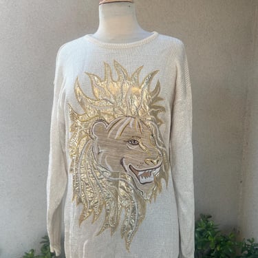 Vintage glam long beige sweater top metallic Lion theme s M/L Sinthia Szato for Marisa Christina 