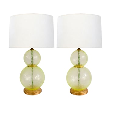 A Translucent &amp; Textured Pair of Murano Stacked Chartreuse Glass Sphere Lamps