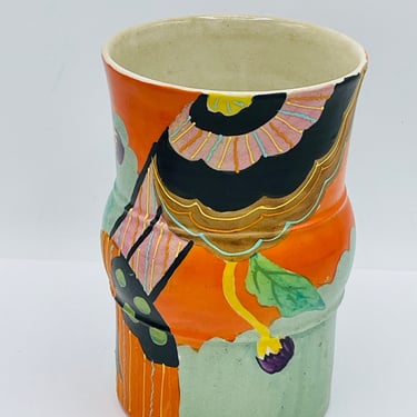 Vintage  Japan Vase, Orange Black Floral Design Cylinder shaped- Chip Free- 6 1/8