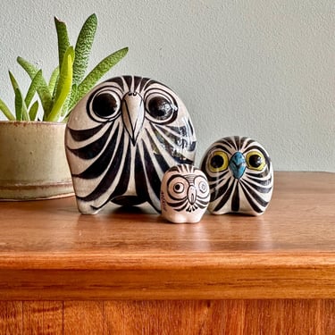 Vintage Tonala ceramic owl collection / set of three handmade Mexican folk art figurines / retro boho home decor 