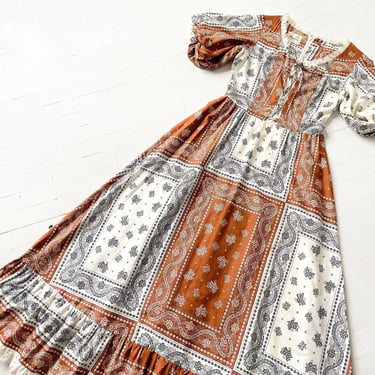 1970s Brown + White Bandana Print Puff Sleeve Lace-Up Maxi Dress 
