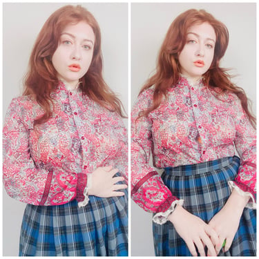 1970s Vintage Red and Metallic Lace Trim Blouse / 70s / Seventies Bird / Floral Print Poly Gauze Button Up Shirt / Size Medium  -Large 