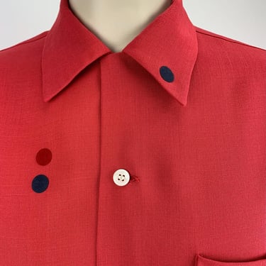 1950's Rayon Shirt - COOPER Label - Beautiful Coral Color - 3 Dot Appliques - Patch Pocket - Loop Collar - Men's Size LARGE 