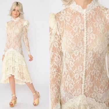 Vintage Sheer Lace Dress 80s Cream Victorian Midi Party Cocktail Boho Mermaid Hem Prom Bohemian 1980s Long Puff Sleeve Formal Extra Small xs 