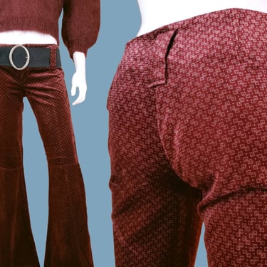 Velvet hiphugger bell flare pants. Burgundy velvet with pattern throughout. 60s MOD. H.I.S for Her! (XS) 