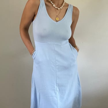 Y2K ribbed knit tank dress / vintage powder baby blue cotton rib knit sleeveless V neck tank knee length dress | Small Medium 
