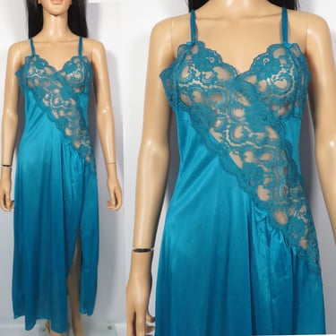 Vintage 90s Fredericks Of Hollywood Teal Blue Lacey Maxi Slip Dress With High Slit Made In USA Size L 