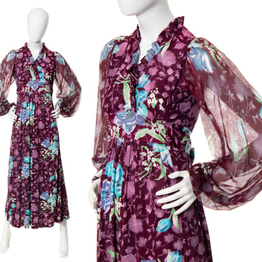 Vintage 1970s Maxi Dress | 70s Floral Purple Sheer Bishop Balloon Sleeve Empire Waist Fit and Flare Boho Day Dress (x-small) 