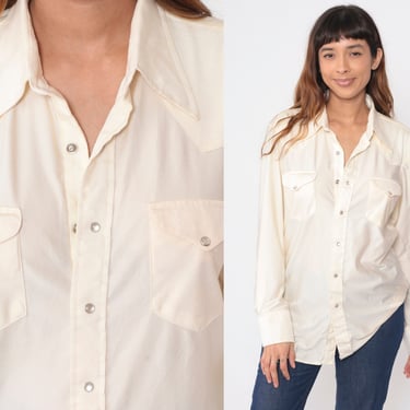 Off-White Pearl Snap Shirt 70s Western Shirt Long Sleeve Button Up Retro Plain Rodeo Cowboy Vintage 1970s Men's 16 