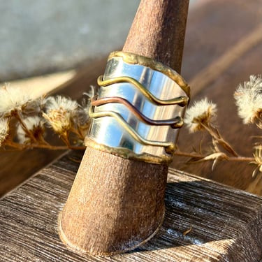Vintage Mixed Metal Art Ring Artisan Handmade Copper Brass Silver Tone Retro Jewelry Boho Modern Fashion 