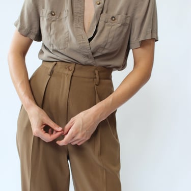Vintage Mocha Silk Short Sleeve Blouse