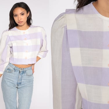 Puff Sleeve Crop Top 80s Semi Sheer Blouse White Pastel Purple Striped Shirt Button Up Long Puff Sleeve 1980s Cropped Shirt Vintage Small S 