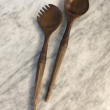 Vintage Faux Wood Plastic MCM Salad Fork Spoon Set 