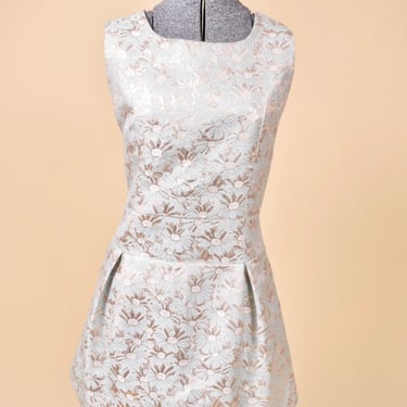 Silver and Sky Blue Mod-Style Jacquard Floral Dress, M/L