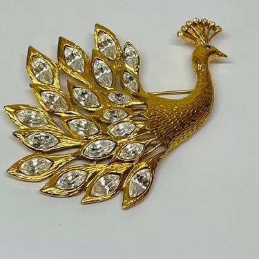 Gold Rhinestone Peacock Brooch