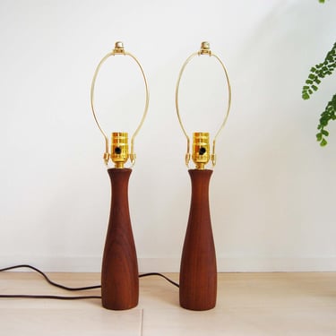 Pair of Scandinavian Modern Rachel Weyergang Solid Teak Table Lamps Made in Norway 