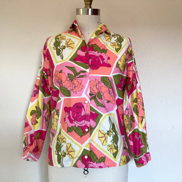 1960s Bold floral print cotton button up blouse 