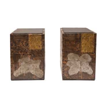 Paul Evans Pair of Patchwork Cube Tables in Pewter, Copper and Bronze 1960s