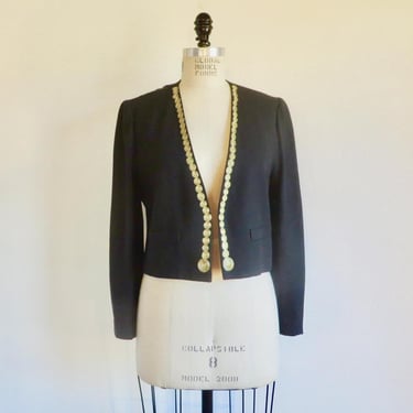 1980's Sonia Rykiel Paris Black Crepe Cropped Formal bolero Jacket Gold Embroidered Medallions Back Detail 80's French Style Size 42 10US 